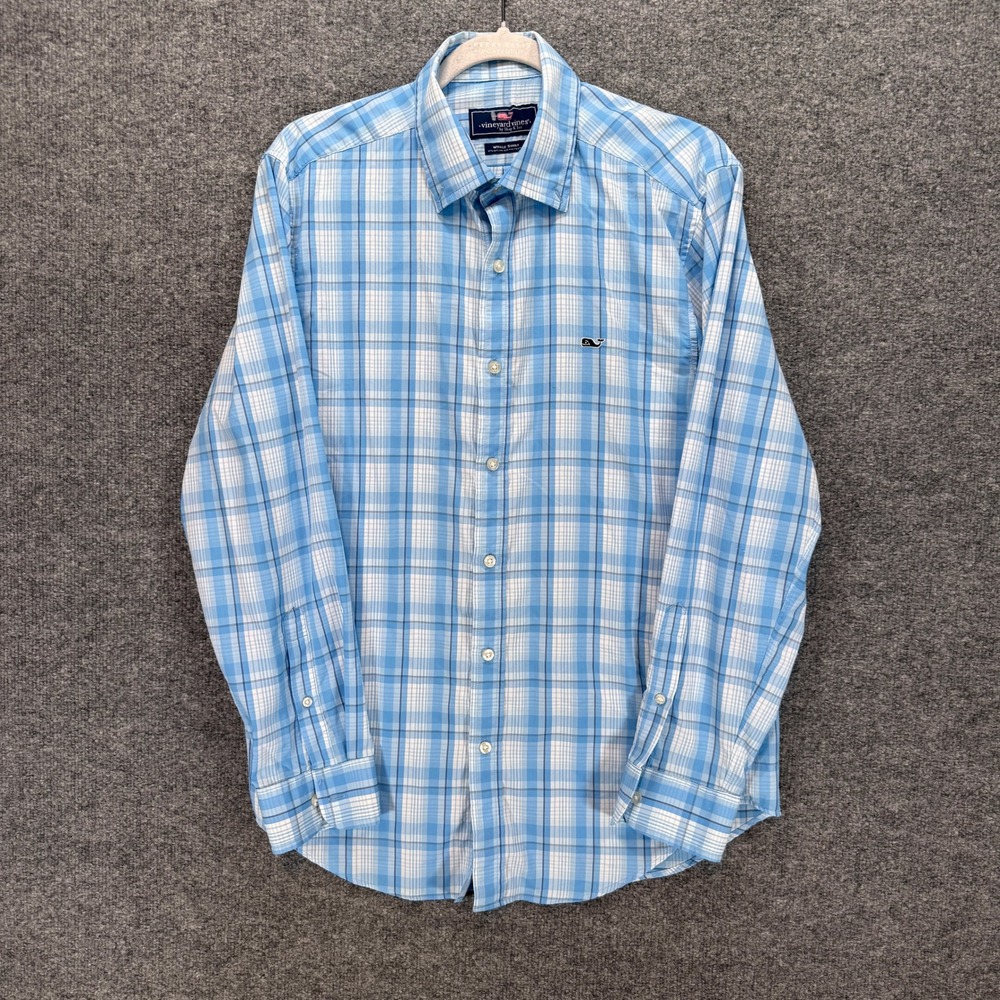 Vineyard Vines Button Up Shirt Mens Medium Blue Plaid Whale Performance Stretch